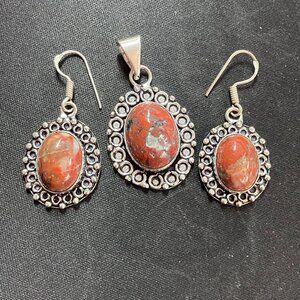 Red Brecciated Jasper Stone Crystal Earrings and Pendant Jewelry Set